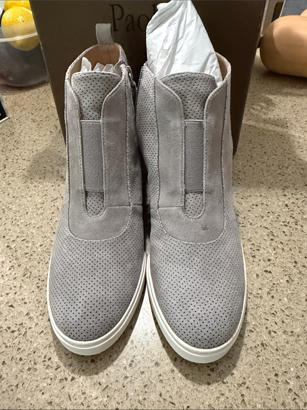 Perforated Suede Zip-Back Ankle Booties in Light Gray